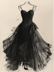 top view of a sketch of crystal evening black dress on paper on the table; minimalism