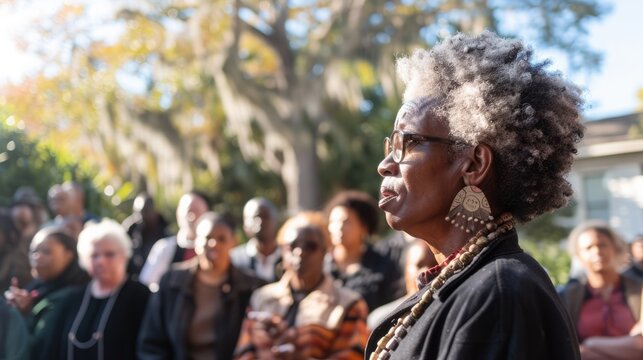 Diverse crowd listens to a poignant speech at a historic slave trade site. International Day for the Remembrance of the Slave Trade and Its Abolition, August 23