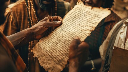 Group of diverse individuals reading a historic abolition proclamation together. International Day for the Remembrance of the Slave Trade and Its Abolition, August 23