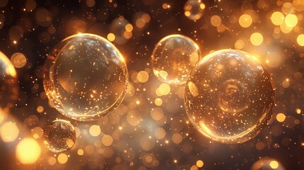Luminous globes and sparkling motes dance in dark expanse, their golden glow a silent symphony of cosmic beauty and mystery in the vast universe.