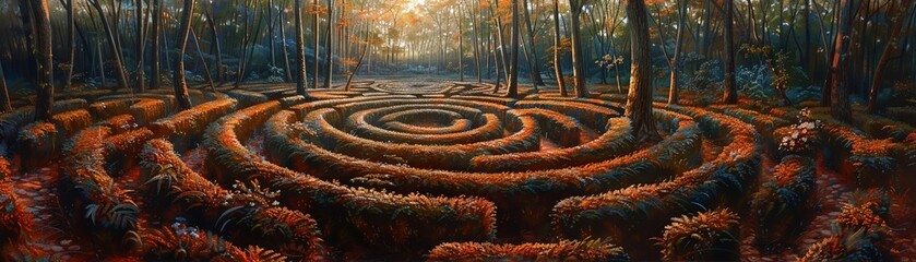 Enchanted maze, blooming hedges, high noon, maze adventure painting, labyrinth journey, sunlit paths, challenging quest