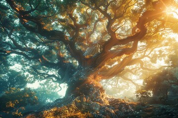 Elven Tree, hidden canopy, noon, mirrorless, civilization cradled in ancient boughs, encompassing harmony, bright seclusion, sylvan architecture