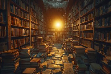 Enchanted library, floating books, sunrise, literary magic scene, book swirl, morning enlightenment, boundless knowledge