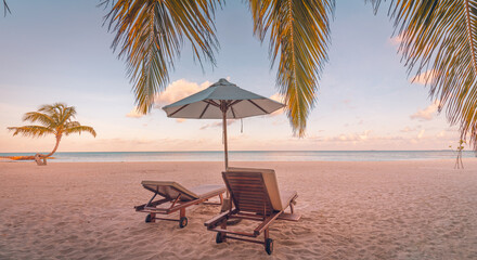 Amazing beach. Chairs umbrella sandy beach sea sky. Luxury summer holiday, vacation resort hotel for tourism. Inspire romantic tropical landscape. Tranquil scene relax coast beautiful couple paradise