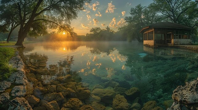 Mystic springs, healing waters, dawn, mirrorless, source of vitality, encompassing purity, morning mist, rejuvenating essence