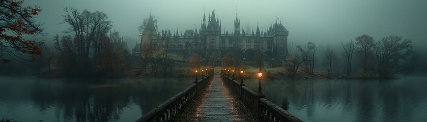 Vampire castle, mist enshrouded, dusk, medium format, castle of night scene, looming structure, twilight mystery, dark allure
