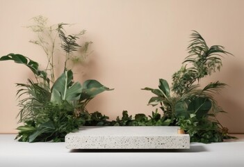 Terrazzo marble podium with rounded wood for product presentation use for background