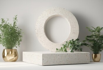 Terrazzo marble podium with rounded wood for product presentation use for background