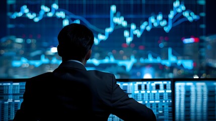Fototapeta premium Businessman Analyzing Market Data on Digital Display in Office description:The image depicts a businessman in a suit intently focused on a large