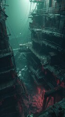 Capture an unexpected camera angle in a dystopian underwater setting