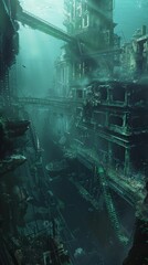 Capture an unexpected camera angle in a dystopian underwater setting