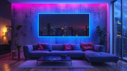 Neon blue frame lights up modern art, enhancing minimalistic living room vibe