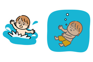 溺れて助けを求める子供と静かに溺れる子供のイラスト