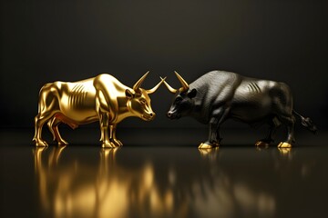 Captivating Bull and Bear Statues Symbolize Financial Market Dynamics in Striking Gold and Black Tones