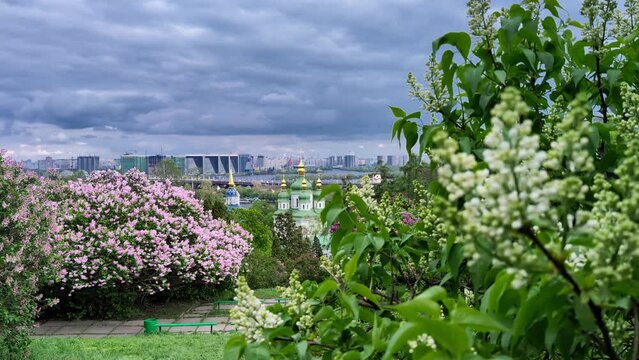 Picturesque Spring Landscape on Church and Left Bank of City, Kiev, Ukraine