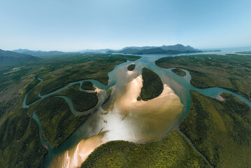Aerial view of Mangroves in Hinchinbrook National Park. Mountains, rivers and Ramsay Bay Beach...