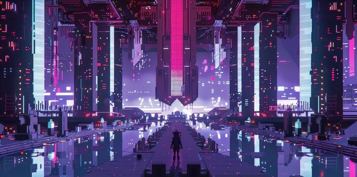 Capture a futuristic dance performance from a worms-eye view, highlighting intricate movements in pixel art style