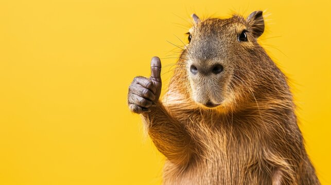 Portrait of a beautiful happy capybara holding two thumbs up as a sign of excellent work on an isolated yellow background.