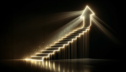 An illuminated stairs ascending and transforming into an arrow pointing right, set against a dark textured wall
