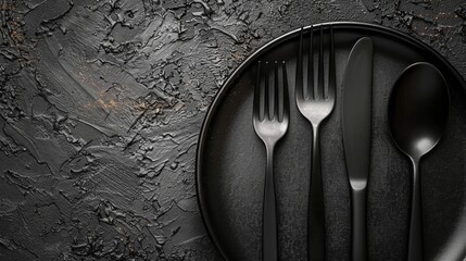 Stylish matte table setting with modern cutlery on a rustic ebony surface creating a dramatic dining scene