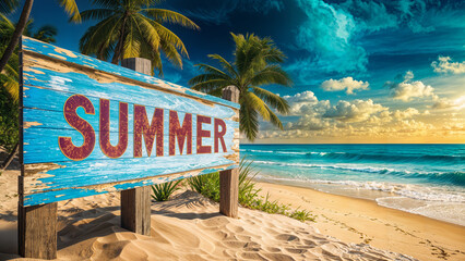 Warm Summer day at sunset on a tropical island beach with the word "summer" written in a creative typography concept - holiday getaway, vacation marketing backdrop design.	
