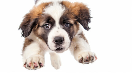cheerful Saint Bernard puppy floats in the air on a white background.