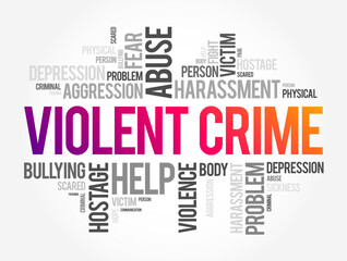 Violent crime - in which an offender or perpetrator uses or threatens to use harmful force upon a victim, word cloud concept background - obrazy, fototapety, plakaty