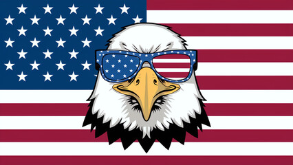 A cartoonish bold and patriotic illustration of a large bald eagle head wearing a pair of American flag sunglasses, which feature a blue field of stars and stripes. Generative AI
