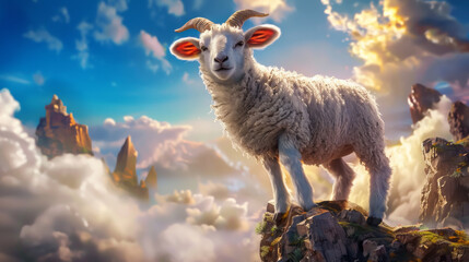 A sheep is standing on a mountain with a blue sky in the background