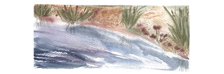 Abstract water edge watercolor background. High quality horizontal illustration. Color wash on a textured paper. Hand drawn. Good for cards, craft paper, wrapping paper, covers, backgrounds, wallpaper