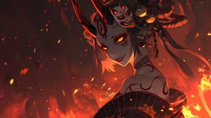 Fearsome Oni Demon Unleashing Fiery Supernatural Powers in Anime-Inspired Fantasy Scene