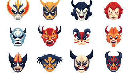 Japan noh masks set. Kabuki theater evil devils ani