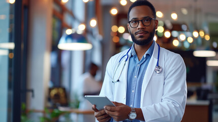 african american male doctor using tablet smartphone in hospital - Powered by Adobe