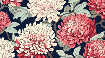 Japanese chrysanthemum hand drawn seamless pattern