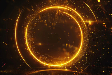 Gold glitter circle of light shine sparkles and golden spark particles in circle frame on black background. Christmas magic stars glow, firework confetti of glittery ring shimmer

