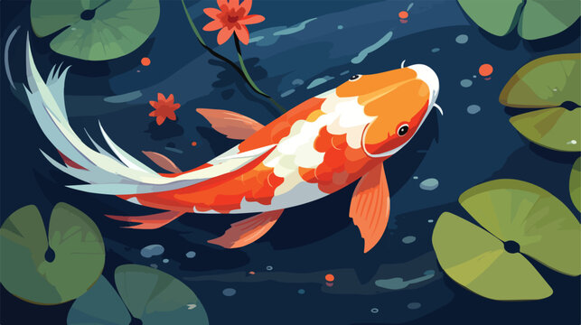 Japanese koi fish swimming in garden pond with wate