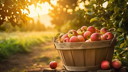 A bushel of ripe apples sits in an orchard at sunset - obrazy, fototapety, plakaty