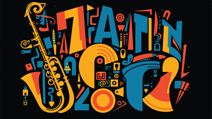 Jazz band hand drawn lettering. Wind instrument ill