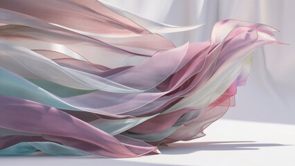 Translucent thin fabric fluttering in the wind. Abstract wavy background. AI generated.