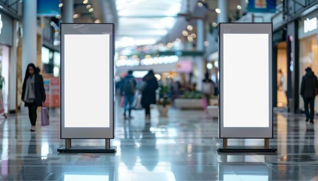 Standing on a wall, a person holds a blank board amidst a business interior with empty frames and advertising space, high-resolution (300 DPI)