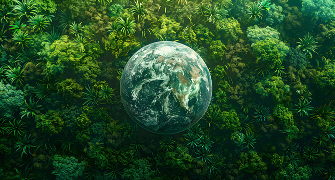 top-down view of the Earth with lush green forests, World environment day concept, protect care eco recycle