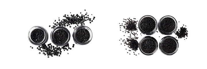 Set of A  lavish arrangement of stunning glass jars black caviar on, transparent