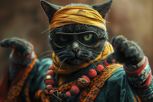 Stealthy ninja cat in colorful fashion attire, striking a pose in a 3D closeup view