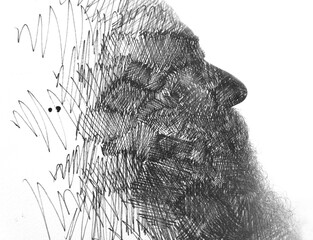 An abstract paintography double exposure profile of a bearded man