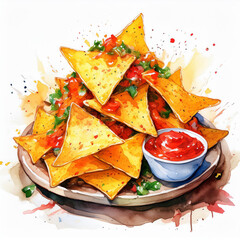 Watercolor painting of nachos with spicy salsa. Tasty fast food. Delicious meal. Hand drawn art