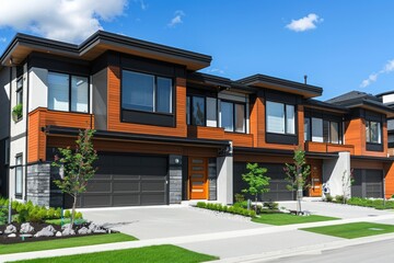 Town Home Architecture: Modern Family Houses in Contemporary Development - obrazy, fototapety, plakaty