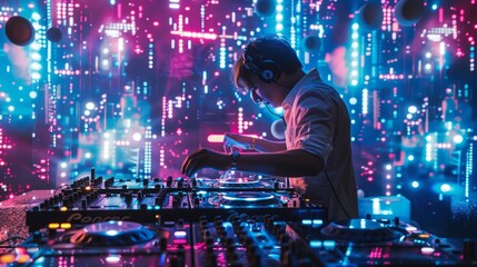 Nightclub Beats: DJ Mixing Tracks with Vibrant LED Backdrop