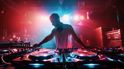 Music Maestro: DJ Spinning Vinyl Under Neon Concert Lights
