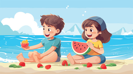 Kids eating on sand beach. Happy children with ice-