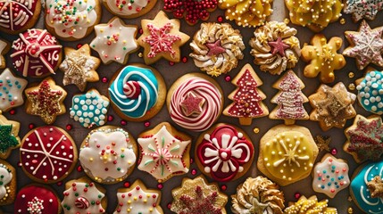 Fototapeta na wymiar Assorted Christmas Cookies on Festive Background